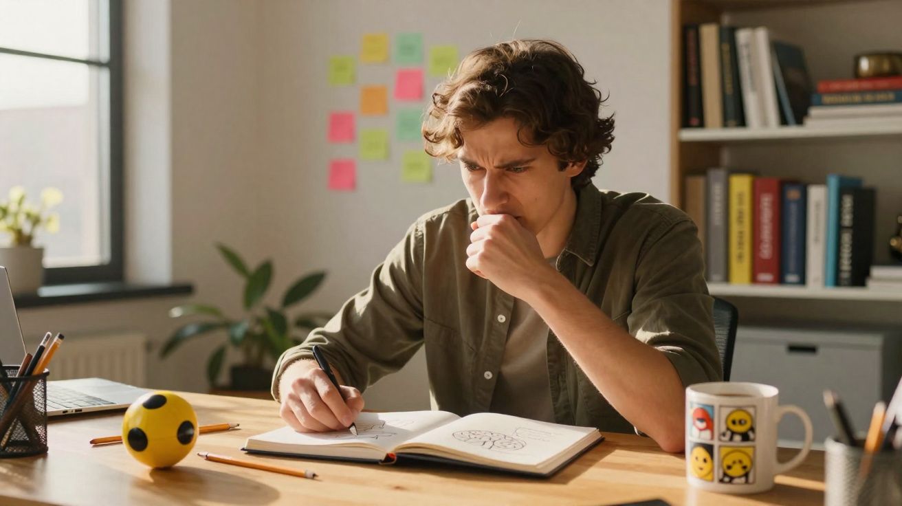 Jovem concentrado a estudar e escrever num caderno numa mesa com objetos de escritório e planta ao fundo.
