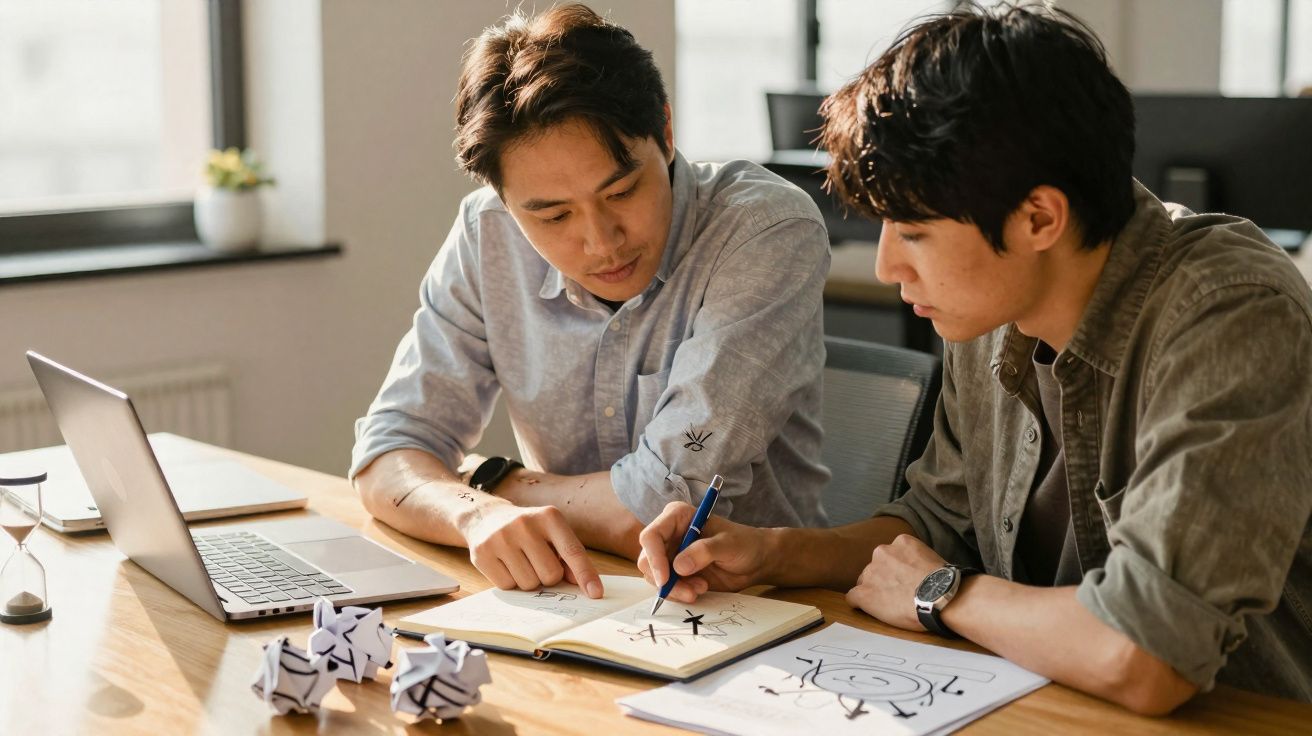 Duas pessoas sentadas à mesa a analisar desenhos em cadernos, com portátil e papeis à frente.