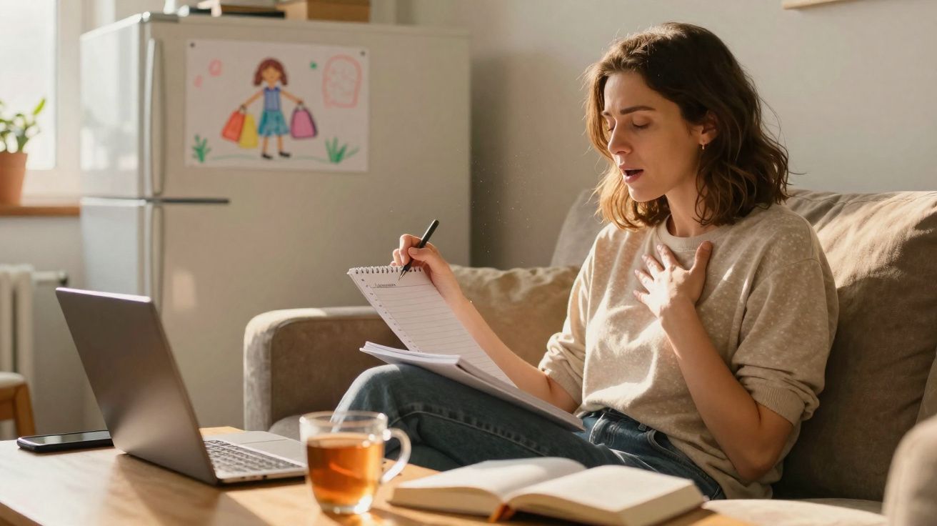 Mulher sentada a estudar no sofá com caderno, livro, computador portátil e chá à frente numa sala iluminada.