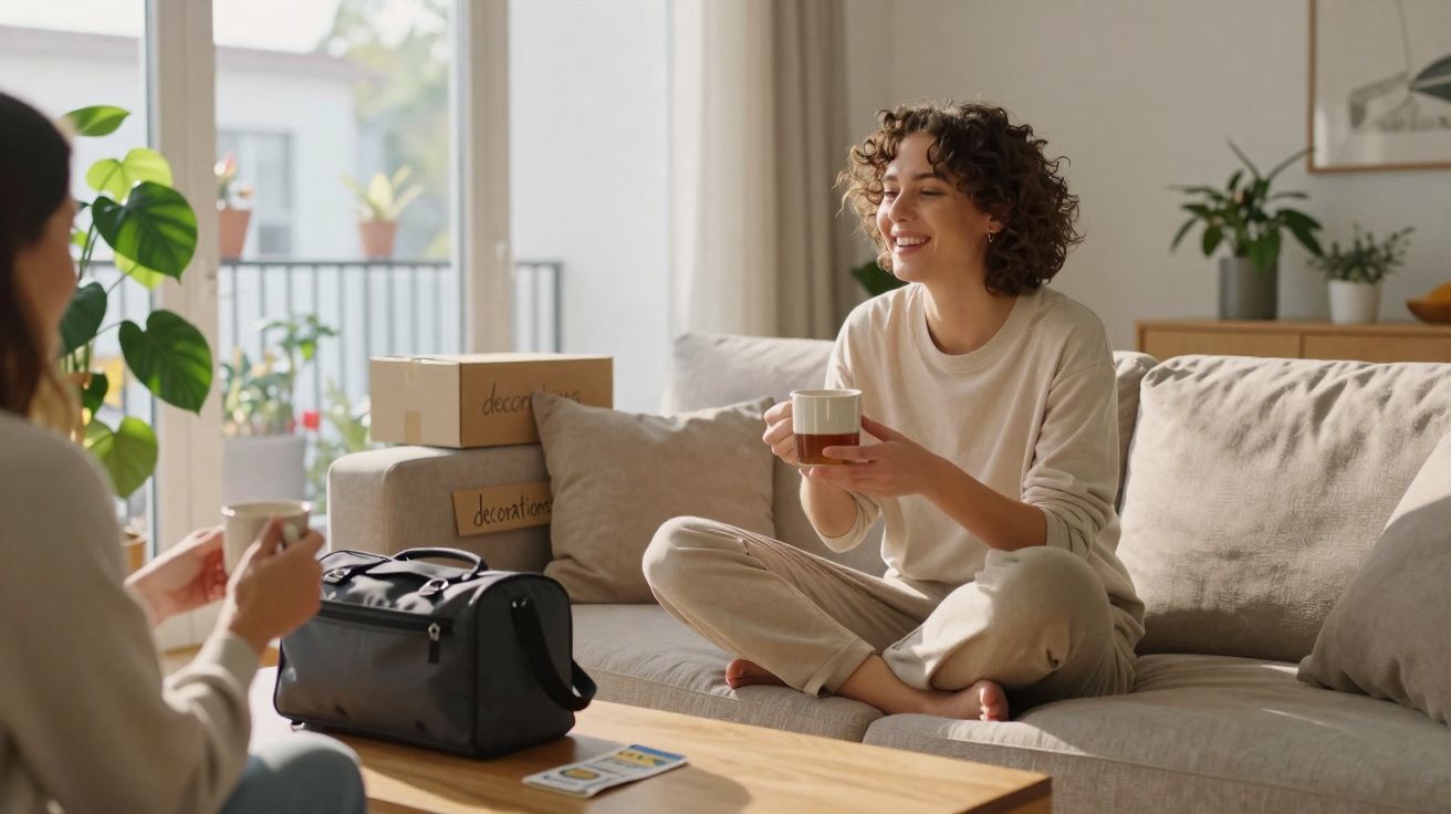 Duas pessoas a conversar enquanto tomam café num sofá, com caixas e plantas ao redor.
