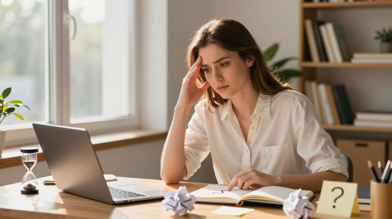 Mulher preocupada a olhar para o computador, rodeada de papéis amassados e notas sobre mesa de trabalho.