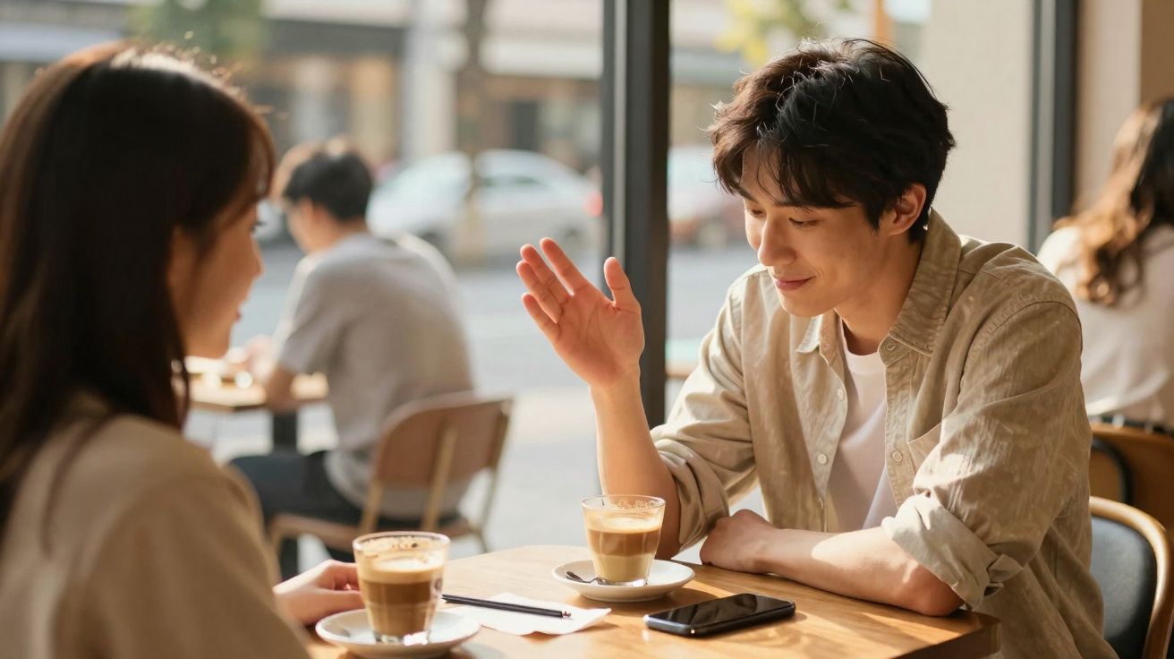 Casal jovem a conversar e beber café sentados numa esplanada luminosa durante o dia.