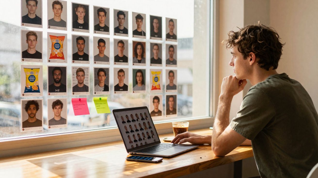 Homem a trabalhar num portátil junto a uma janela com várias fotografias coladas no vidro.
