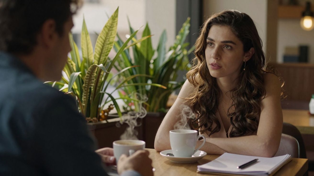 Mulher com expressão séria conversa com homem num café, com planta ao fundo e bebidas quentes na mesa.