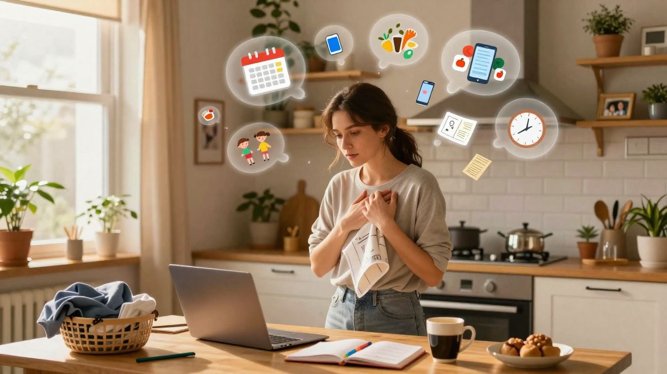 Mulher preocupada em casa rodeada de ícones de tarefas, calendario, relógio, crianças e alimentação saudável.