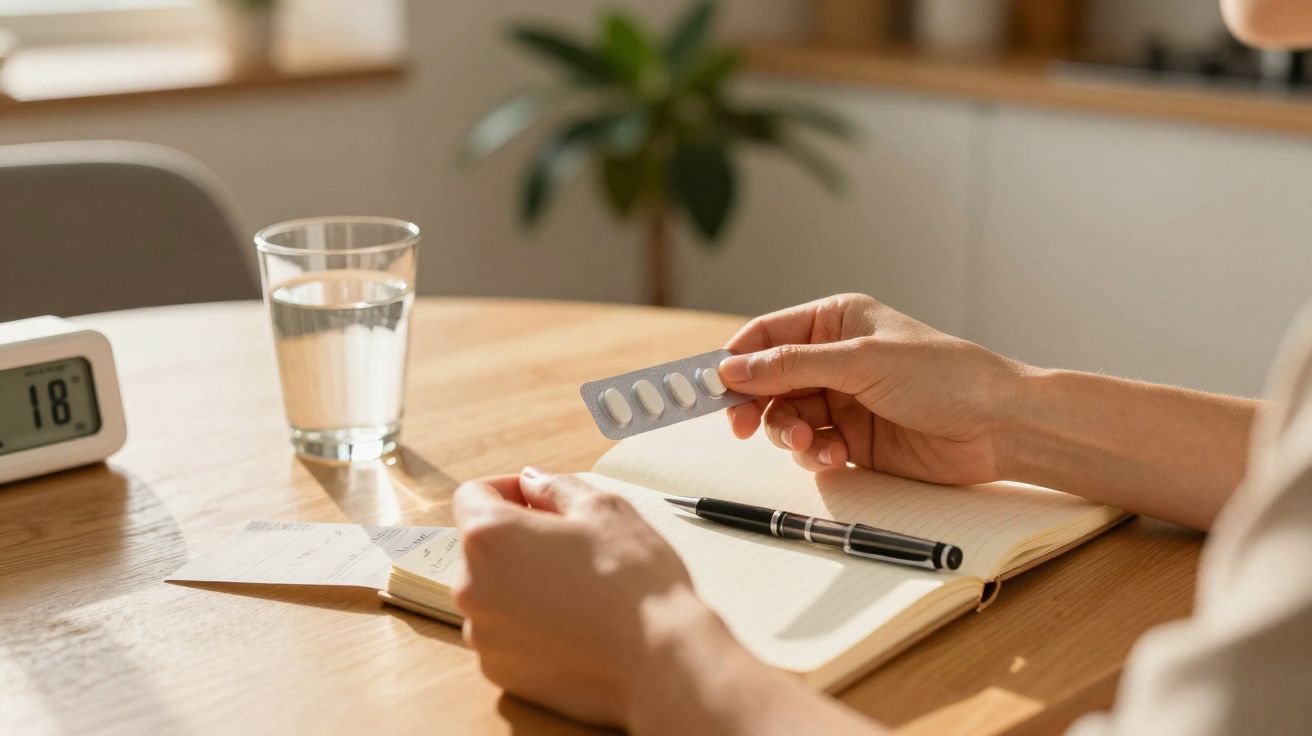 Pessoa segurando comprimidos junto a caderno, caneta, copo de água e termómetro digital numa mesa de madeira.
