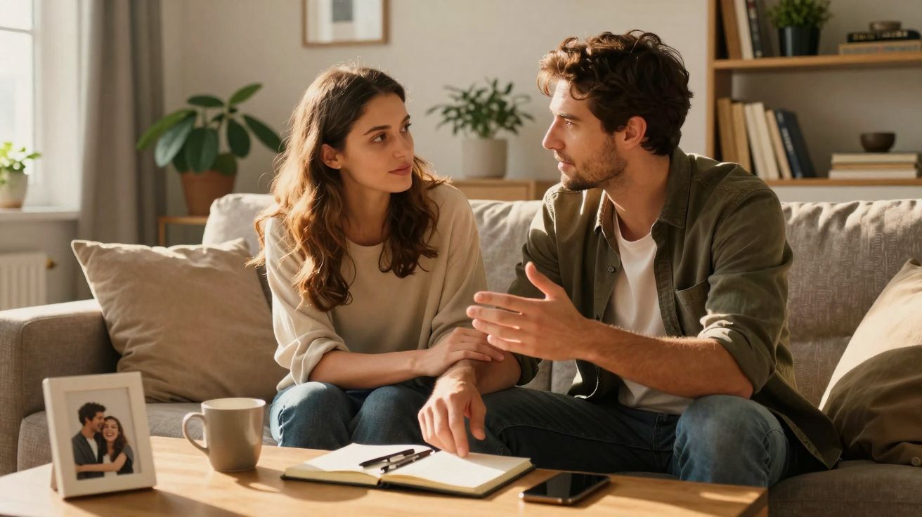 Casal sentado no sofá a conversar, com caderno e caneta na mesa à frente.