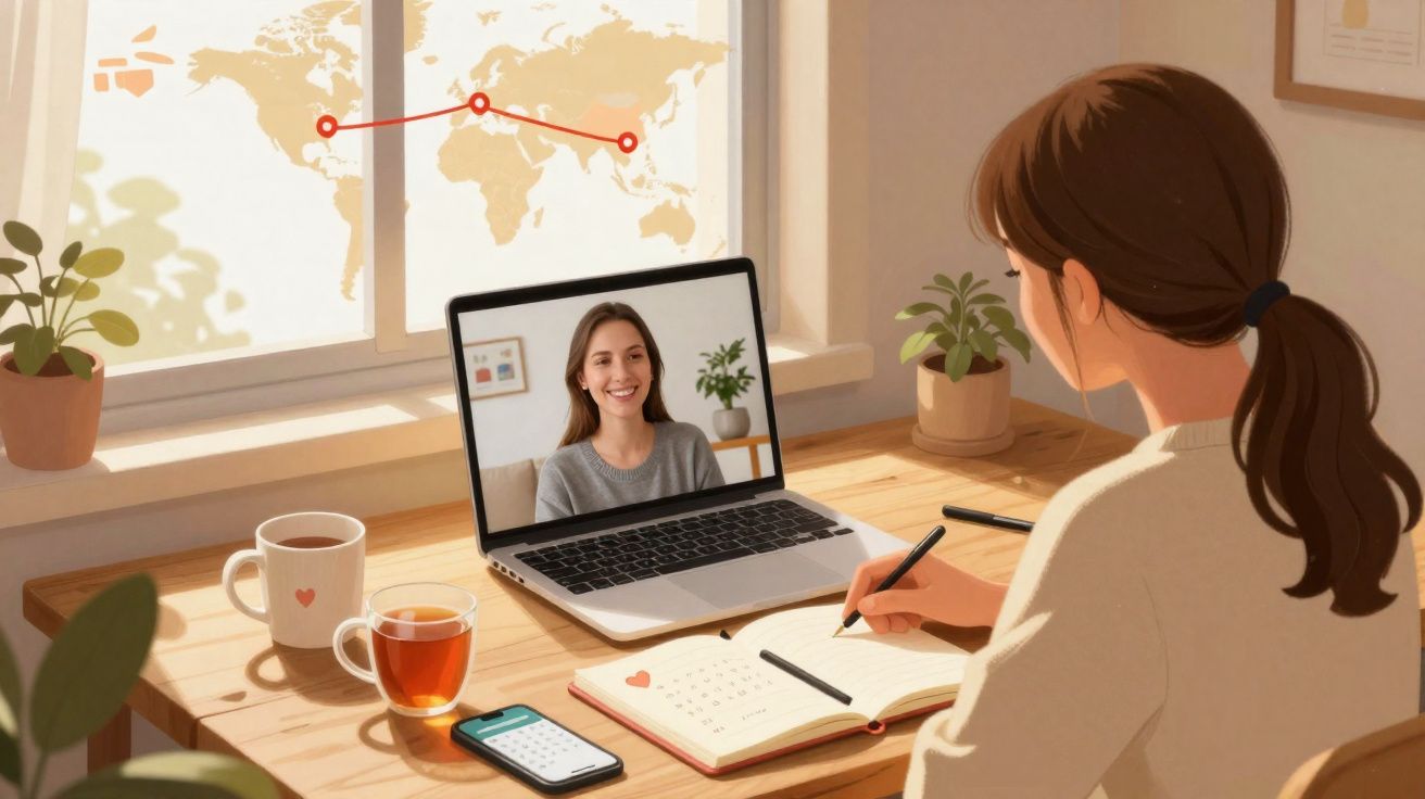 Pessoa a fazer videochamada e a escrever numa agenda sentada à secretária junto a duas plantas e bebidas.