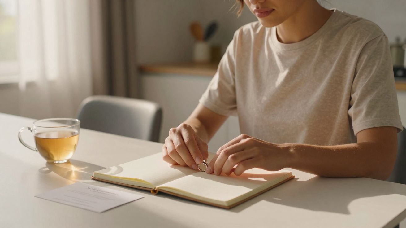 Pessoa sentada a abrir um anel sobre um caderno aberto, com chá numa chávena ao lado, em ambiente luminoso.