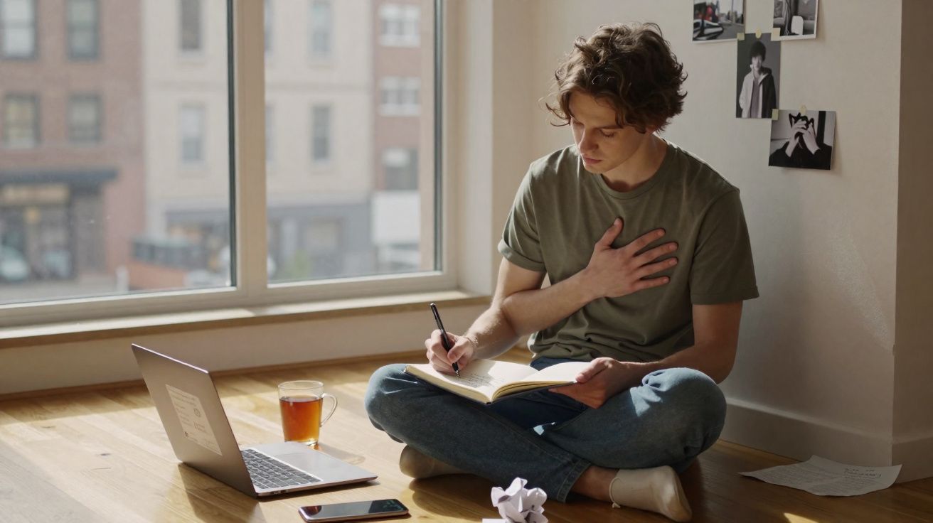 Jovem sentado no chão com caderno a escrever, laptop, chá, telemóvel e papéis espalhados à sua volta.