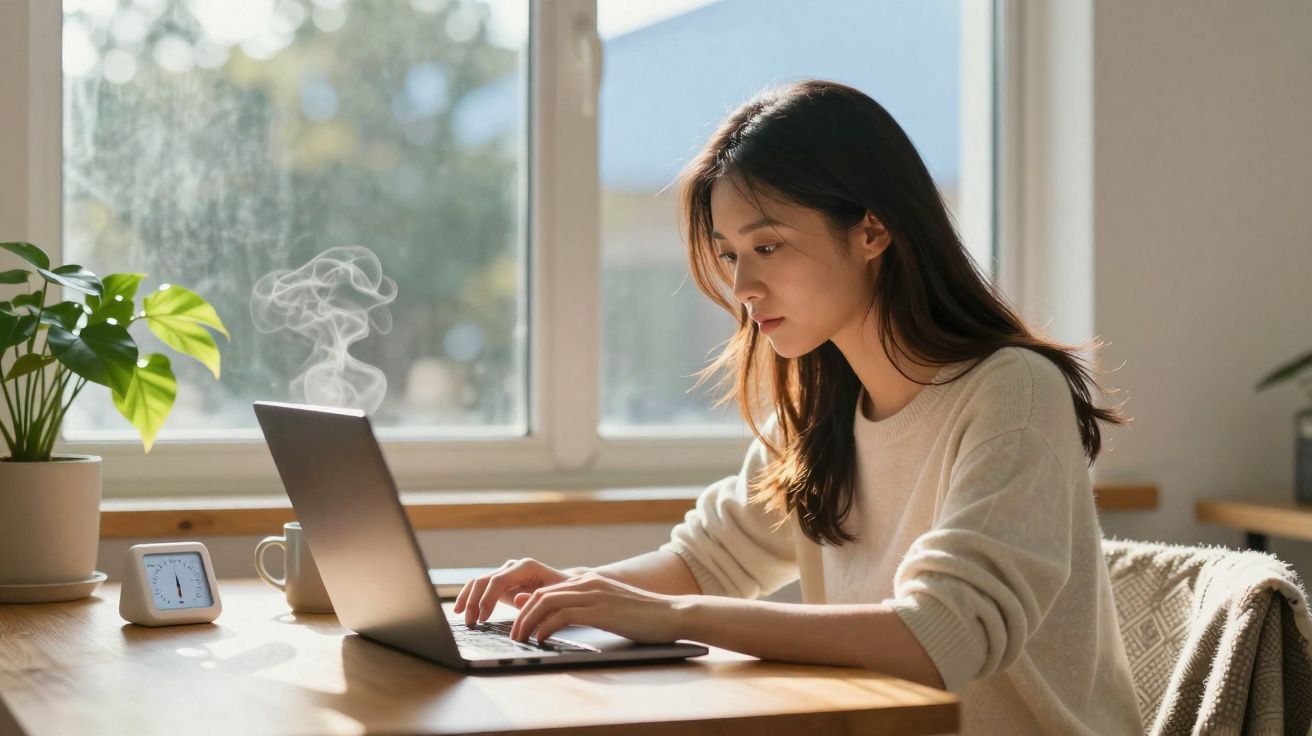Mulher sentada a trabalhar num portátil junto a uma janela iluminada, com uma planta e uma caneca na mesa.