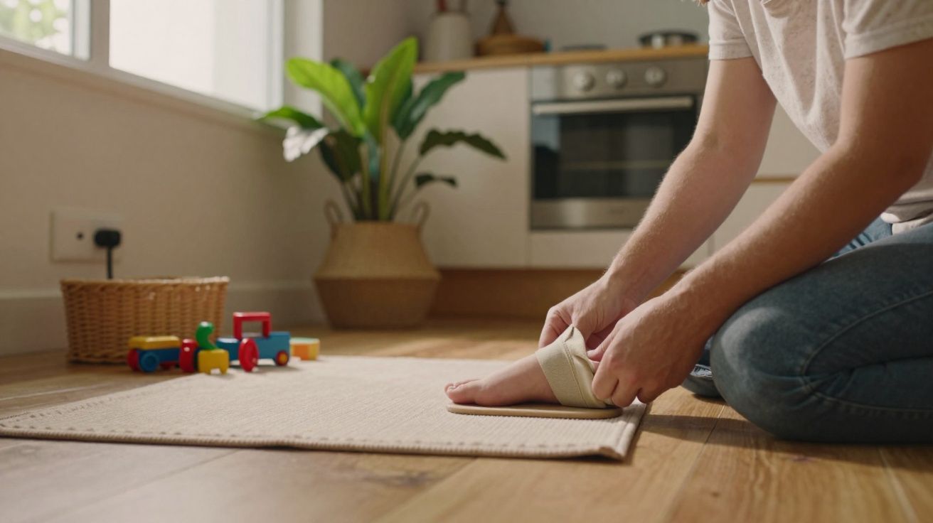 Pessoa a colocar uma palmilha no pé, sentada no chão de madeira da cozinha com brinquedos infantis ao fundo.