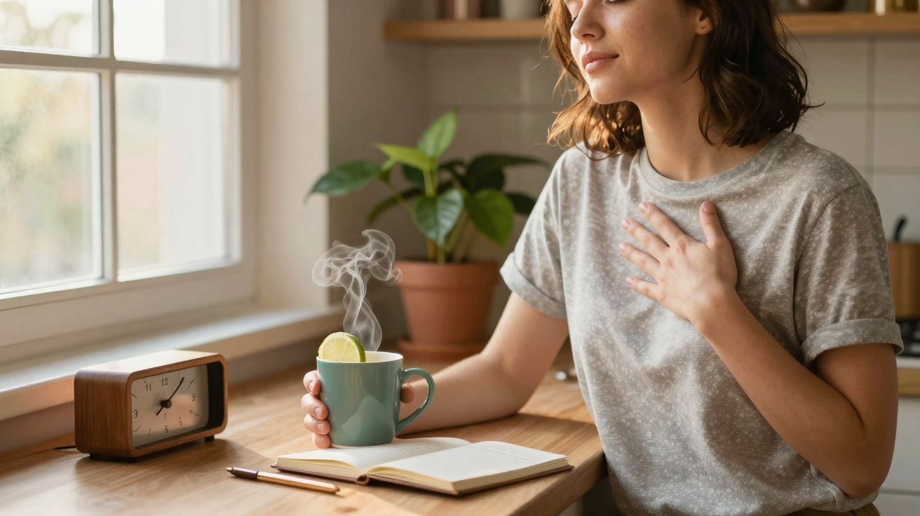 Mulher sentada junto à janela com chá quente, livro aberto e mão no peito num ambiente acolhedor.