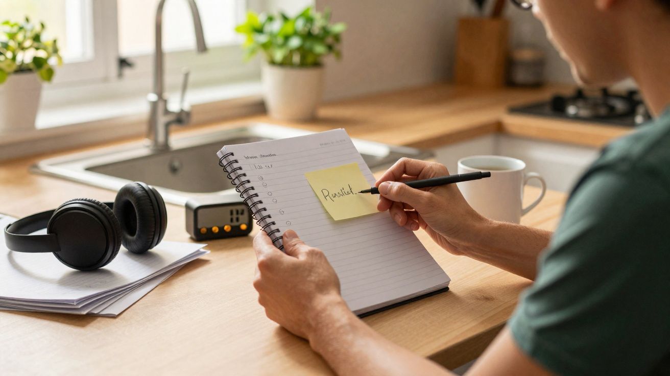 Pessoa a escrever num bloco de notas com post-it amarelo e caneca numa cozinha luminosa.