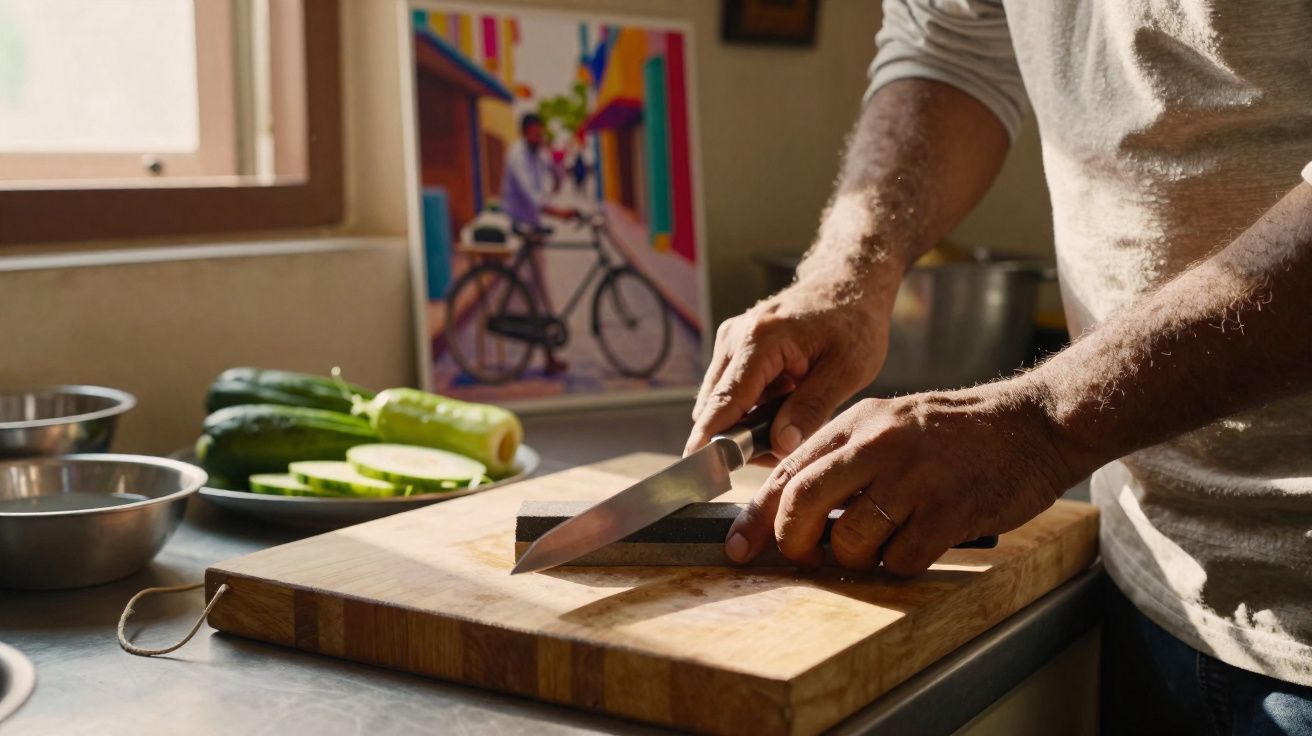 Pessoa a afiar uma faca num amolador de facas sobre tábua de madeira na cozinha.
