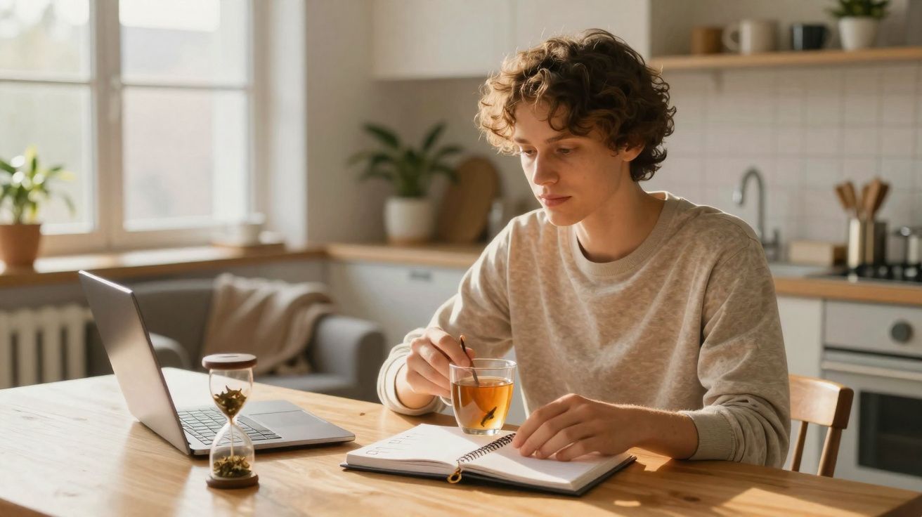Pessoa jovem a estudar num caderno enquanto bebe chá, sentada à mesa com portátil e ampulheta na cozinha iluminada.