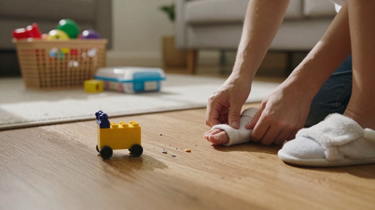 Mãos a enrolar uma atadura num dedo do pé, com brinquedos espalhados no chão de madeira.