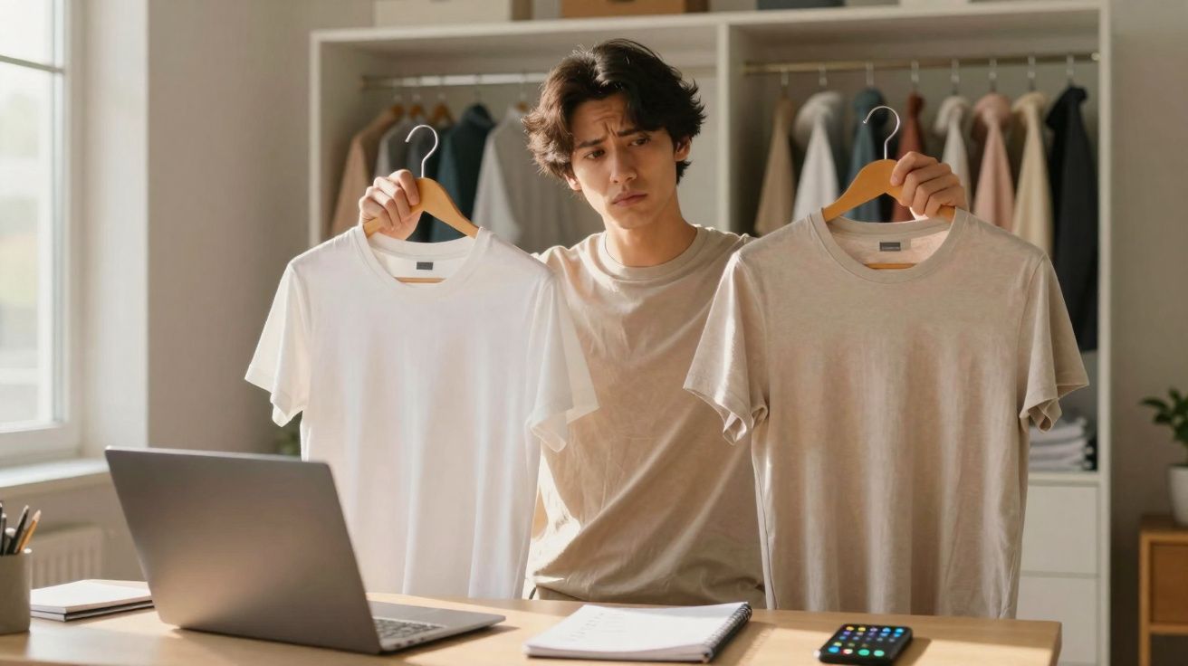 Jovem sentado à secretária, indeciso, segurando duas t-shirts brancas e bege, com computador e telemóvel à frente.