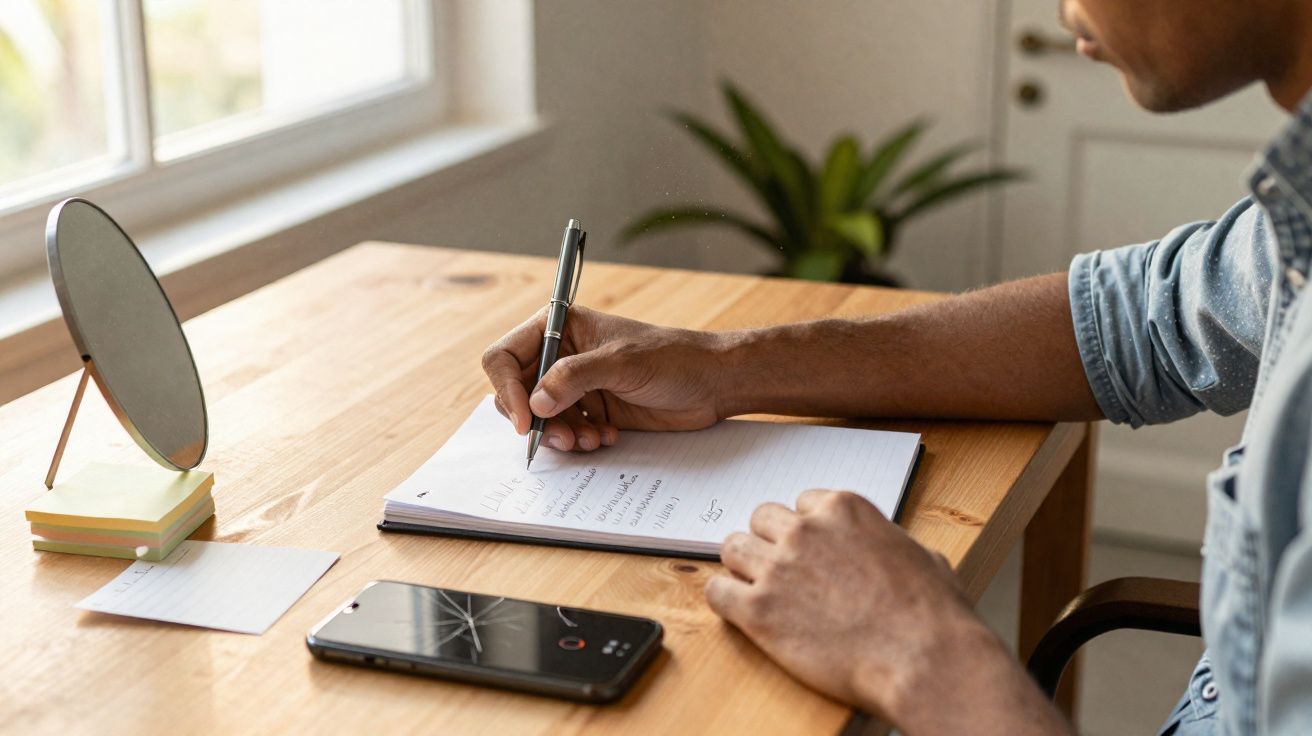 Pessoa a escrever num caderno numa secretária com telemóvel, bloco de notas e espelho pequeno junto à janela.