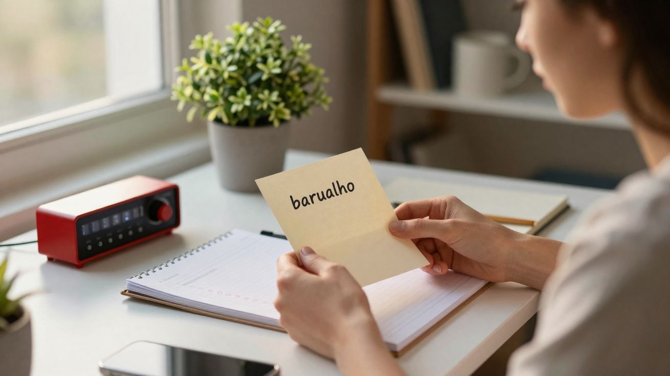 Pessoa sentada à secretária a ler uma folha com a palavra "barulho" escrita, junto a caderno, rádio e plantas.