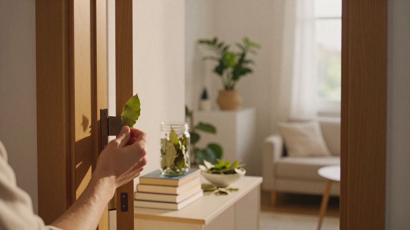 Mão a colocar folha numa maçaneta de porta de madeira, com sala clara ao fundo decorada com plantas e livros.