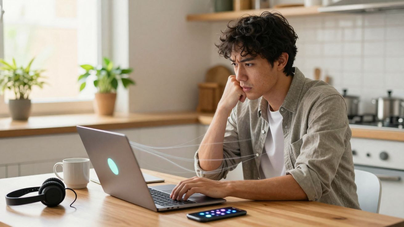 Jovem concentrado a trabalhar num portátil numa cozinha, com auscultadores e smartphone na mesa.