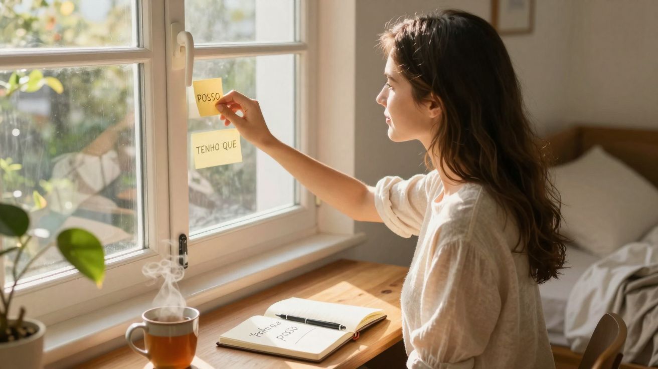 Mulher a colocar notas adesivas numa janela, com chá e caderno numa mesa em ambiente luminoso.