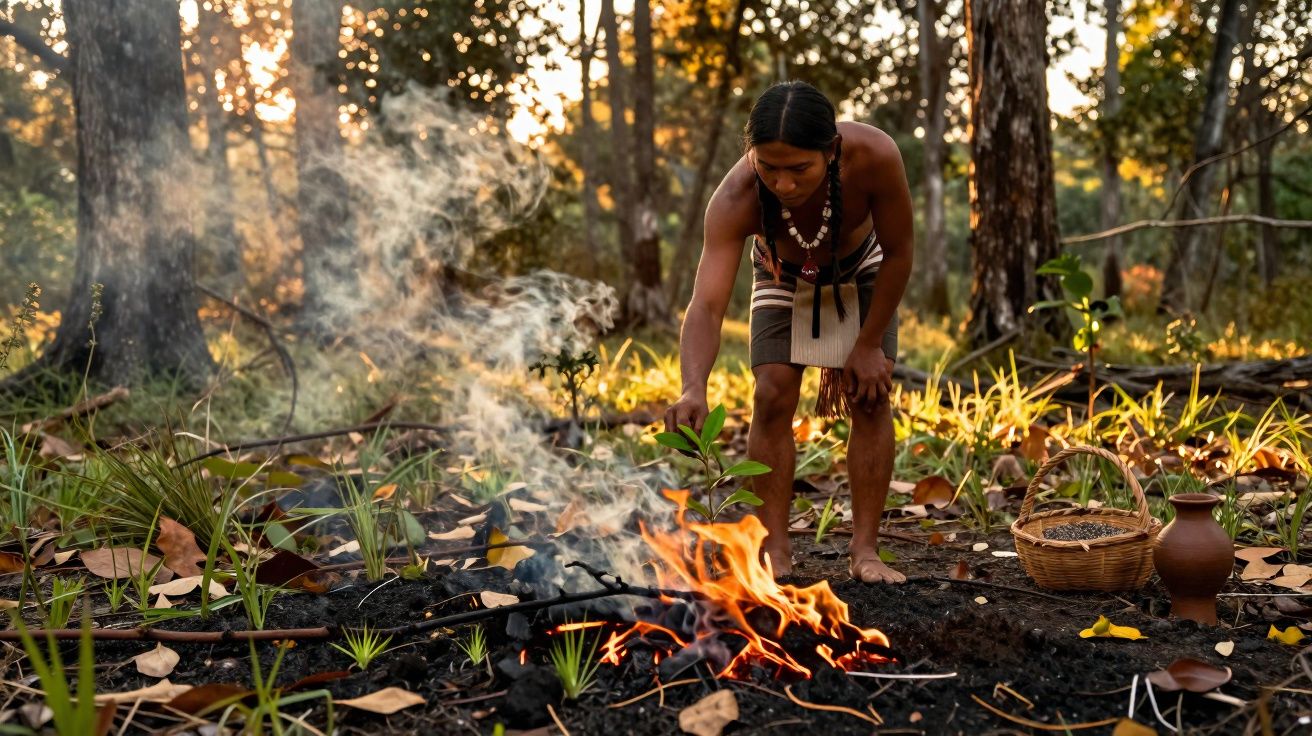 Homem indígena acende uma fogueira na floresta ao entardecer, rodeado por utensílios tradicionais.