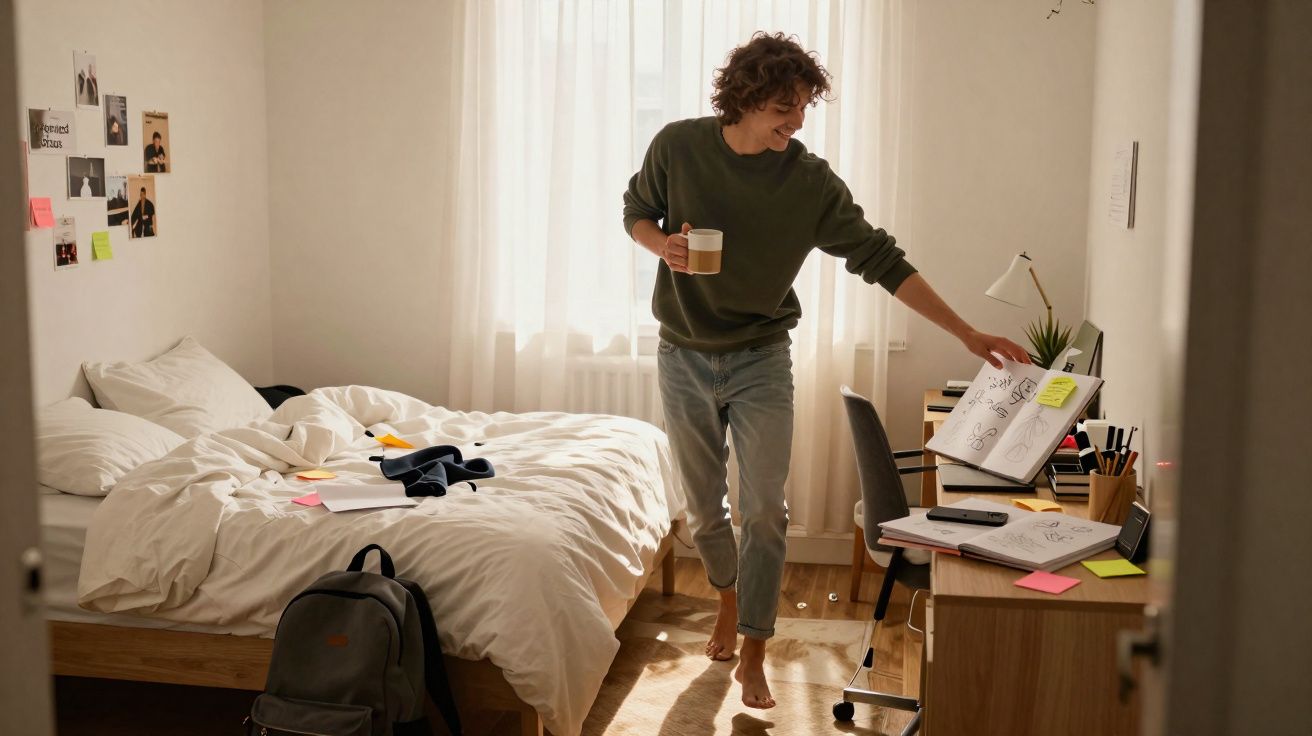 Jovem descalço com chá na mão consulta caderno num quarto iluminado, com cama e secretária arrumadas.