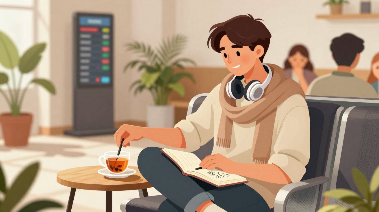 Jovem sentado numa sala de espera, lendo um livro e mexendo numa chávena de chá ao lado.