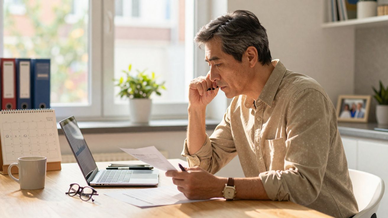 Homem sentado a analisar documentos e a falar ao telefone numa mesa com portátil e agenda.