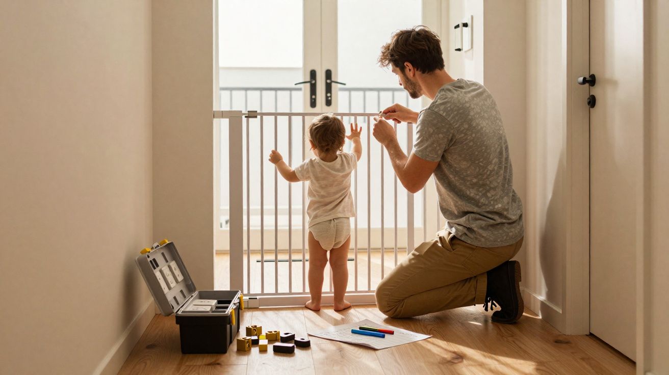 Pai a instalar portão de segurança para bebé numa divisão com chão de madeira e caixa de ferramentas.