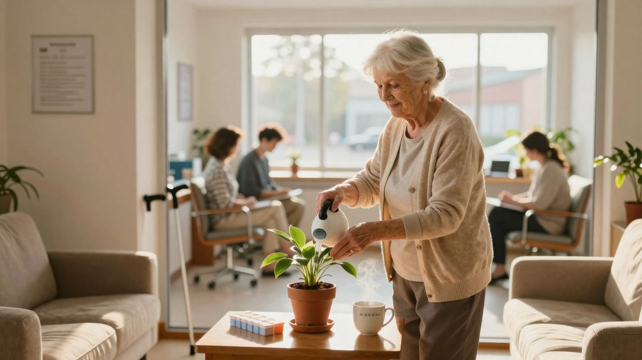 Senhora idosa a regar planta numa sala de espera com três pessoas ao fundo sentadas e a conversar.