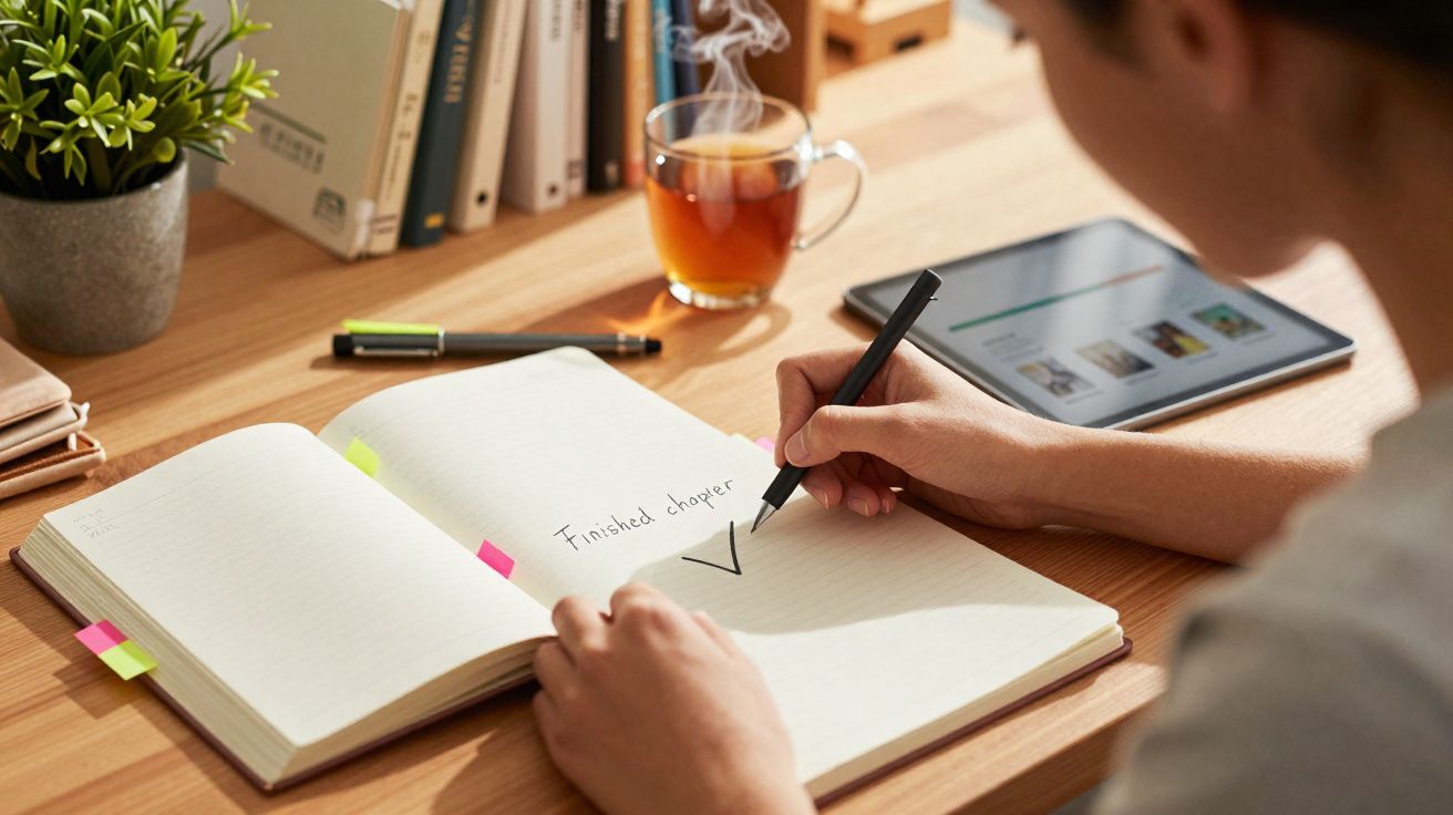 Pessoa a escrever num caderno com a frase "Finished chapter" numa mesa com chá quente e tablet.