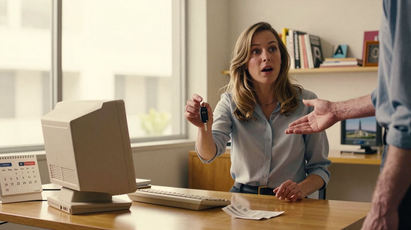 Mulher sentada numa secretária entrega uma chave de carro a homem durante conversa num escritório luminoso.