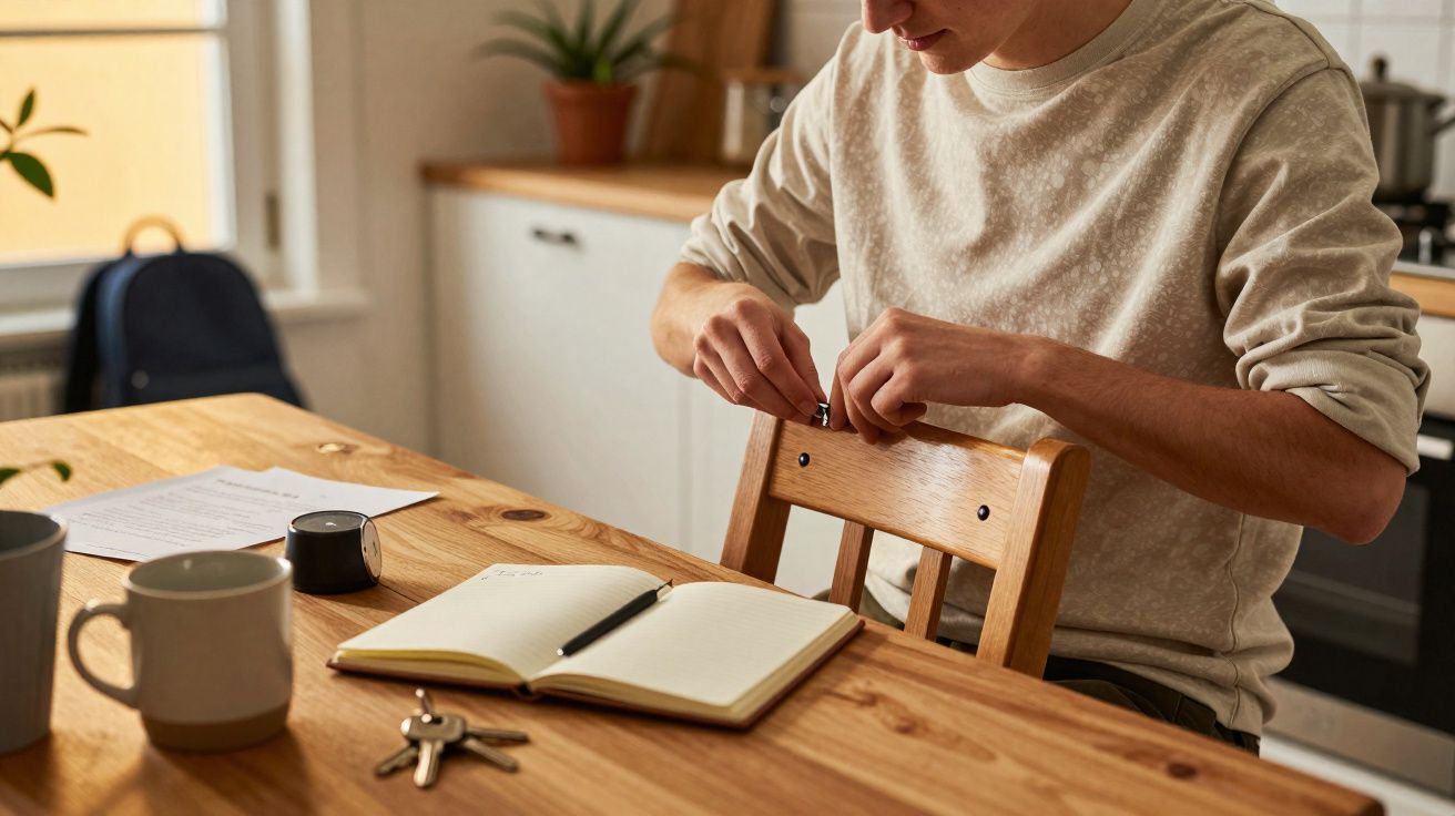 Pessoa a sentar numa cadeira de madeira junto à mesa com caderno aberto, caneta, chaves e chávenas.