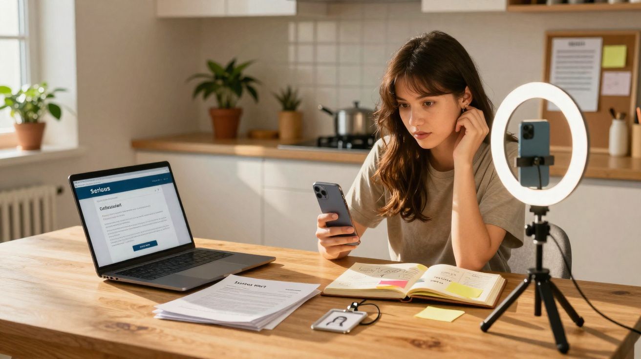 Jovem a estudar em cozinha com smartphone, laptop aberto, caderno, papéis e tripé com luz de anel.