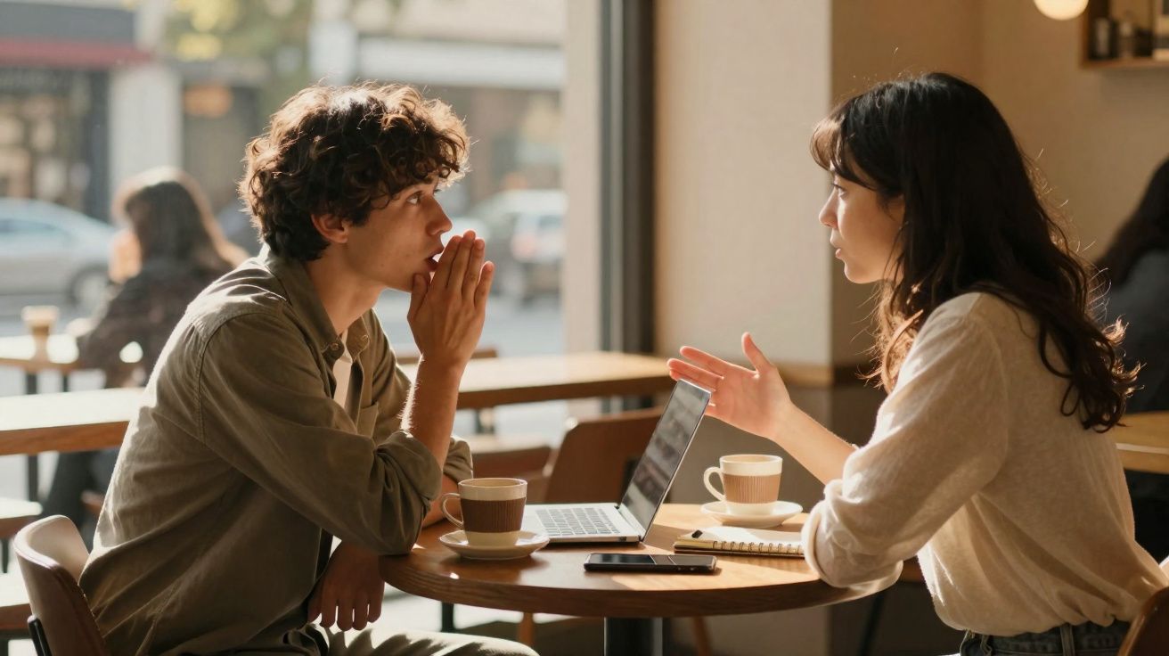 Jovem homem e mulher conversam de forma séria num café, com computador e chá na mesa.