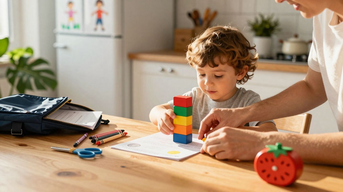 Criança a empilhar blocos coloridos enquanto adulto a ajuda, com material escolar sobre a mesa de madeira.