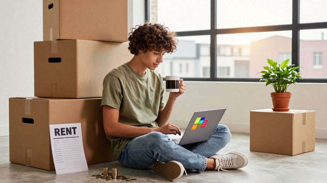 Jovem sentado no chão, com caixas de mudança, usando portátil e a beber café numa sala iluminada.