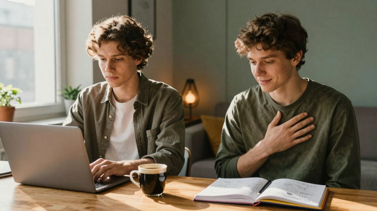 Dois jovens sentados numa mesa, um usa computador portátil e o outro lê um livro aberto.
