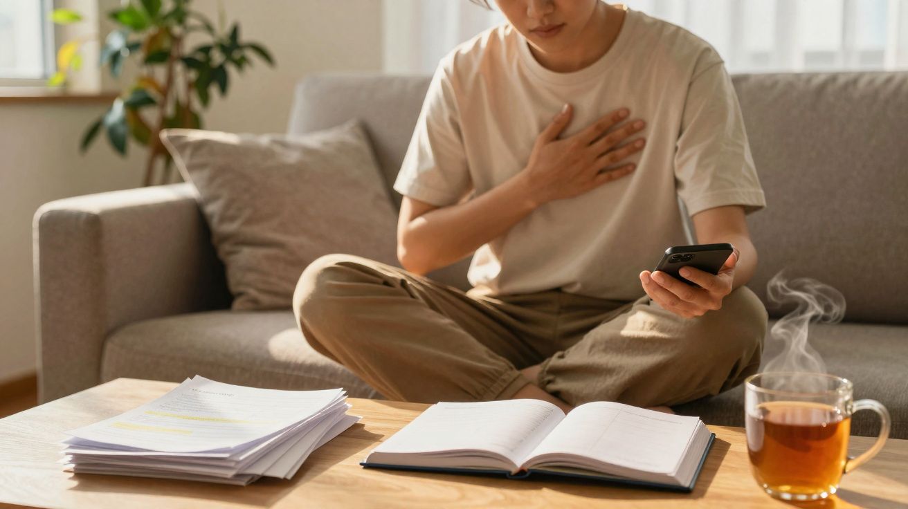 Pessoa sentada no sofá com mão no peito, telefone na outra mão, livros e chá quente numa mesa de madeira.