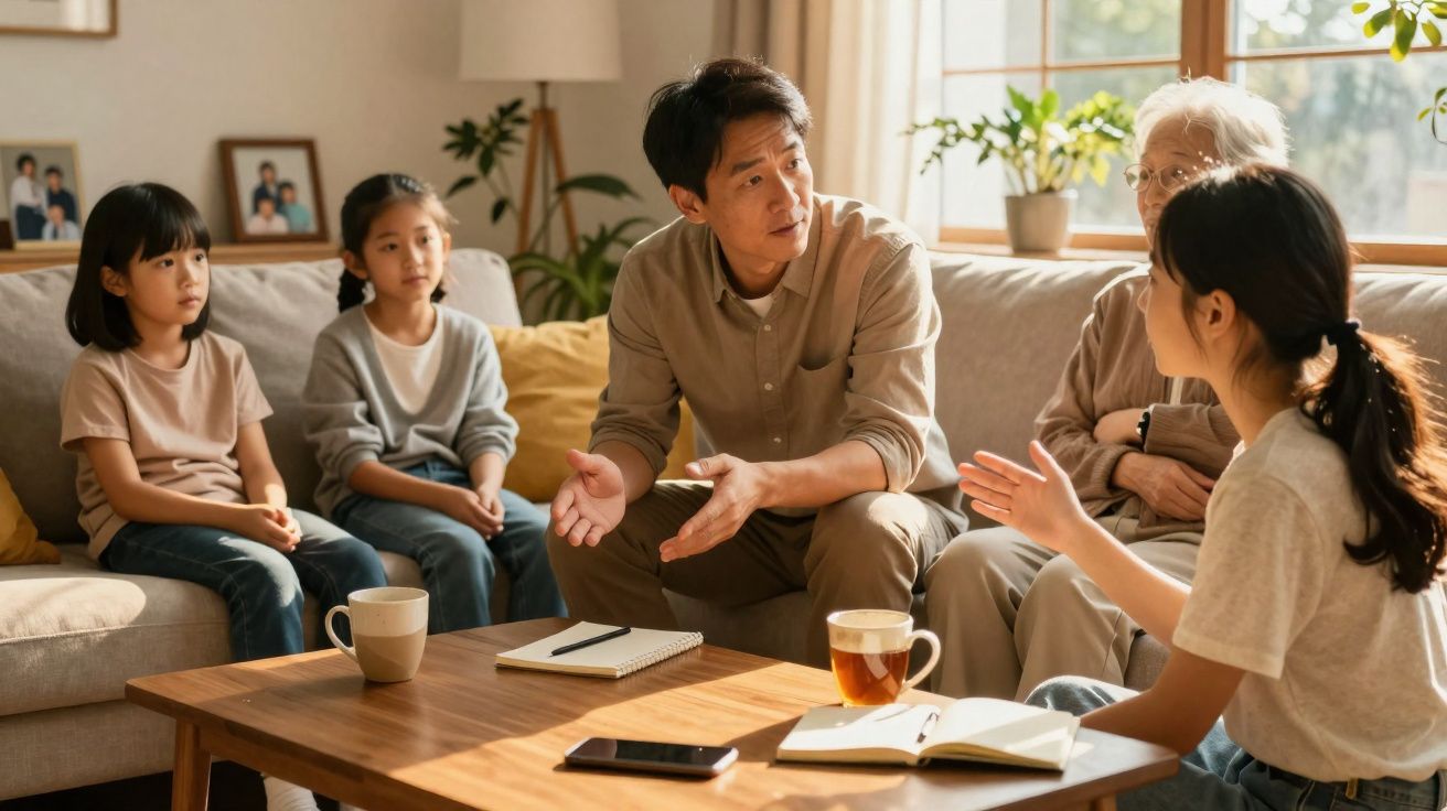Família asiática reunida na sala a conversar, com três gerações sentadas no sofá e à mesa.