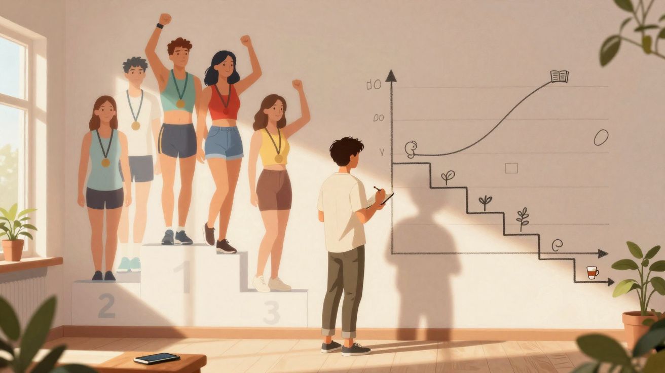 Ilustração de jovens com medalhas num pódio e pessoa a desenhar escada e gráfico de crescimento numa parede.