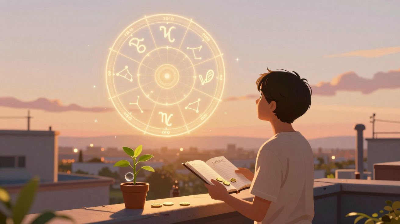 Rapaz lê livro no terraço ao pôr do sol enquanto observa signos astrológicos brilhantes no céu.