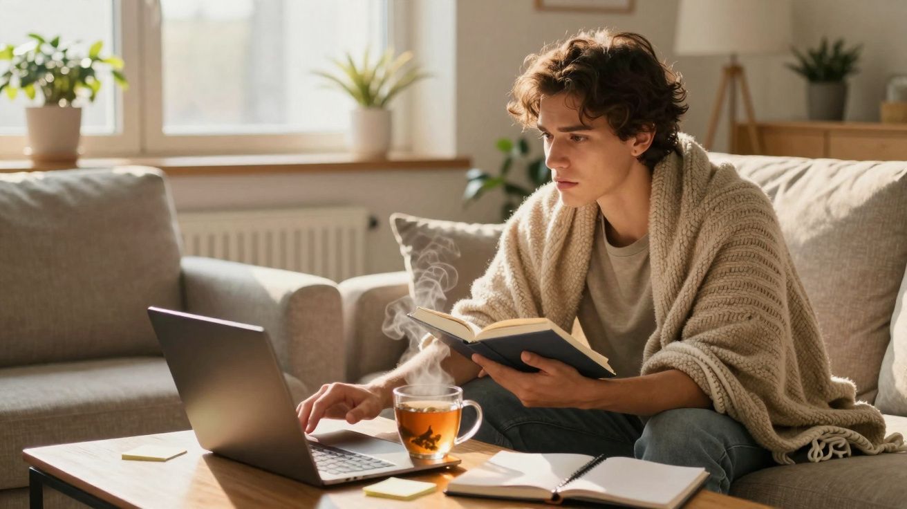 Jovem com manta a ler um livro enquanto usa portátil numa sala iluminada e com chá quente na mesa.