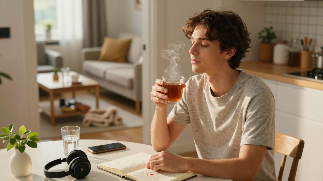 Jovem sentado à mesa com chá quente, olhos fechados, relaxando numa cozinha iluminada e moderna.
