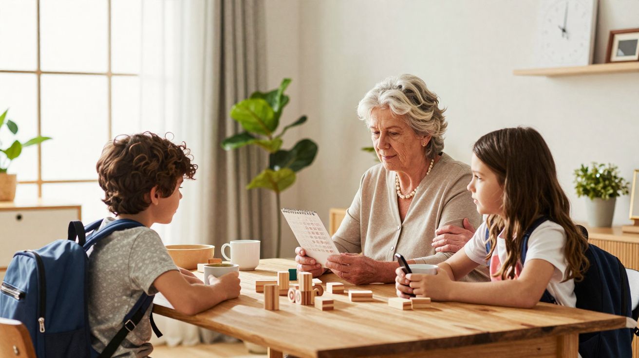 Avó lê livro para netos com mochilas enquanto jogam blocos de madeira à mesa de madeira em casa.