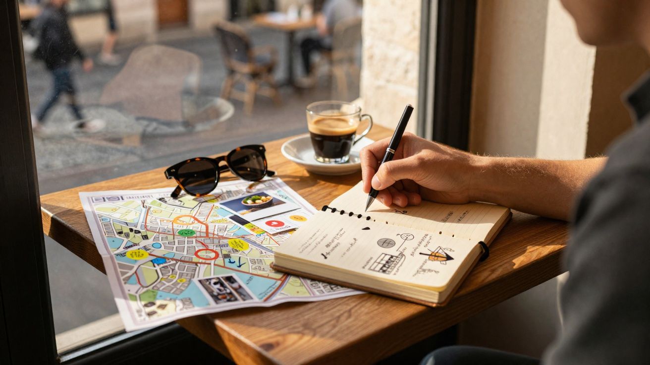 Pessoa a escrever num diário junto a mapa, óculos de sol e café numa mesa junto à janela.