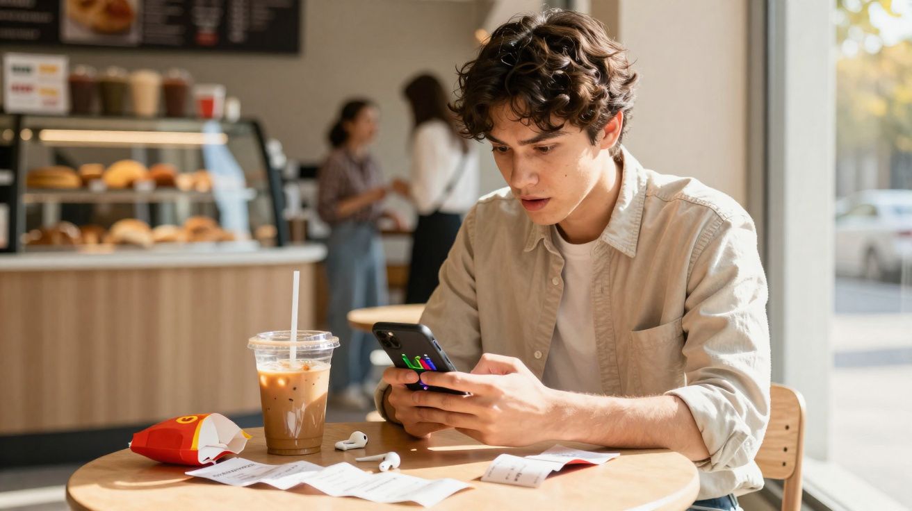Jovem sentado numa cafetaria, a olhar para o telemóvel com bebida gelada e recibos na mesa.